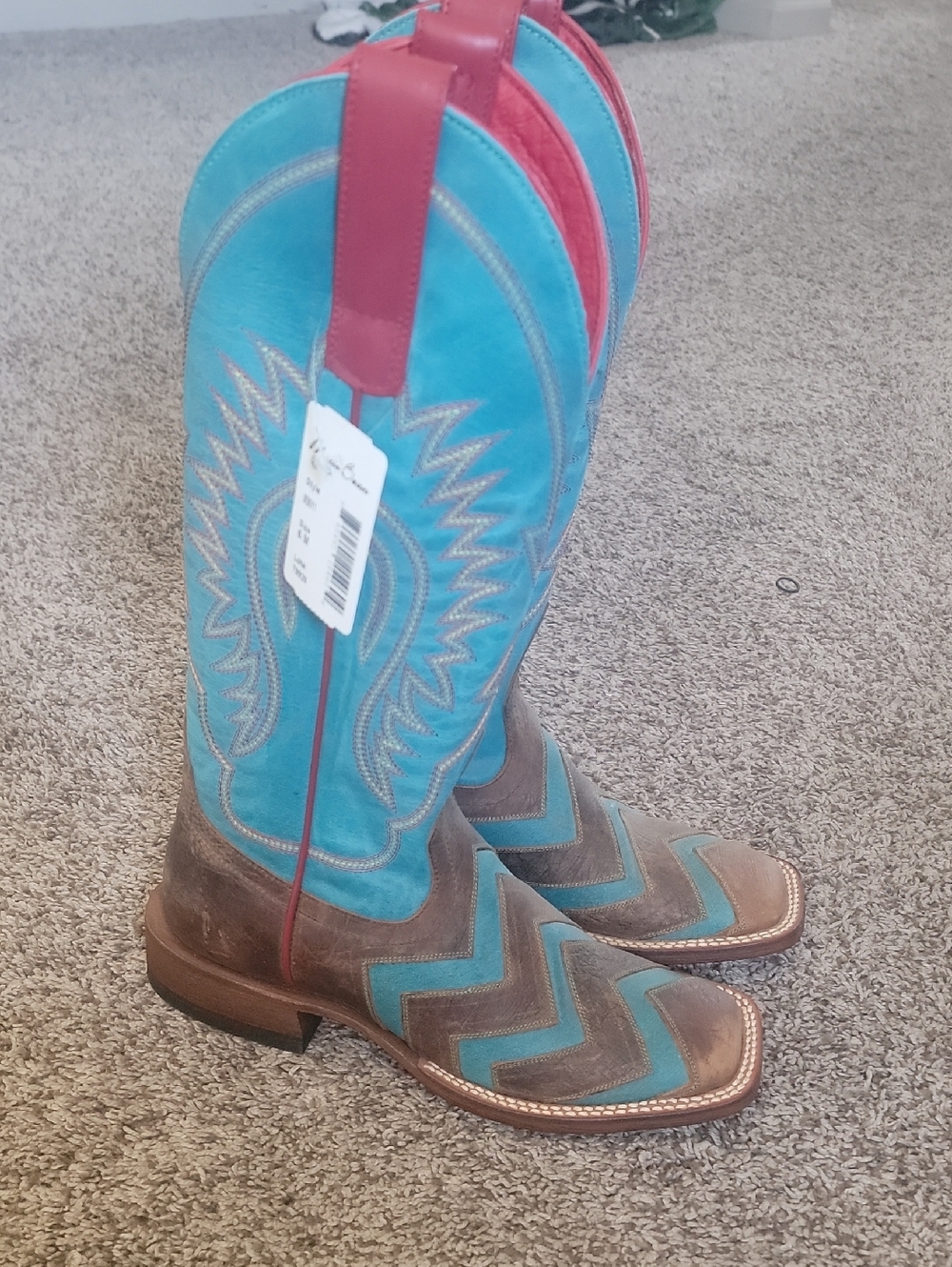 Macie Bean Turquoise and Red Chevron Leather Western Heeled Boots